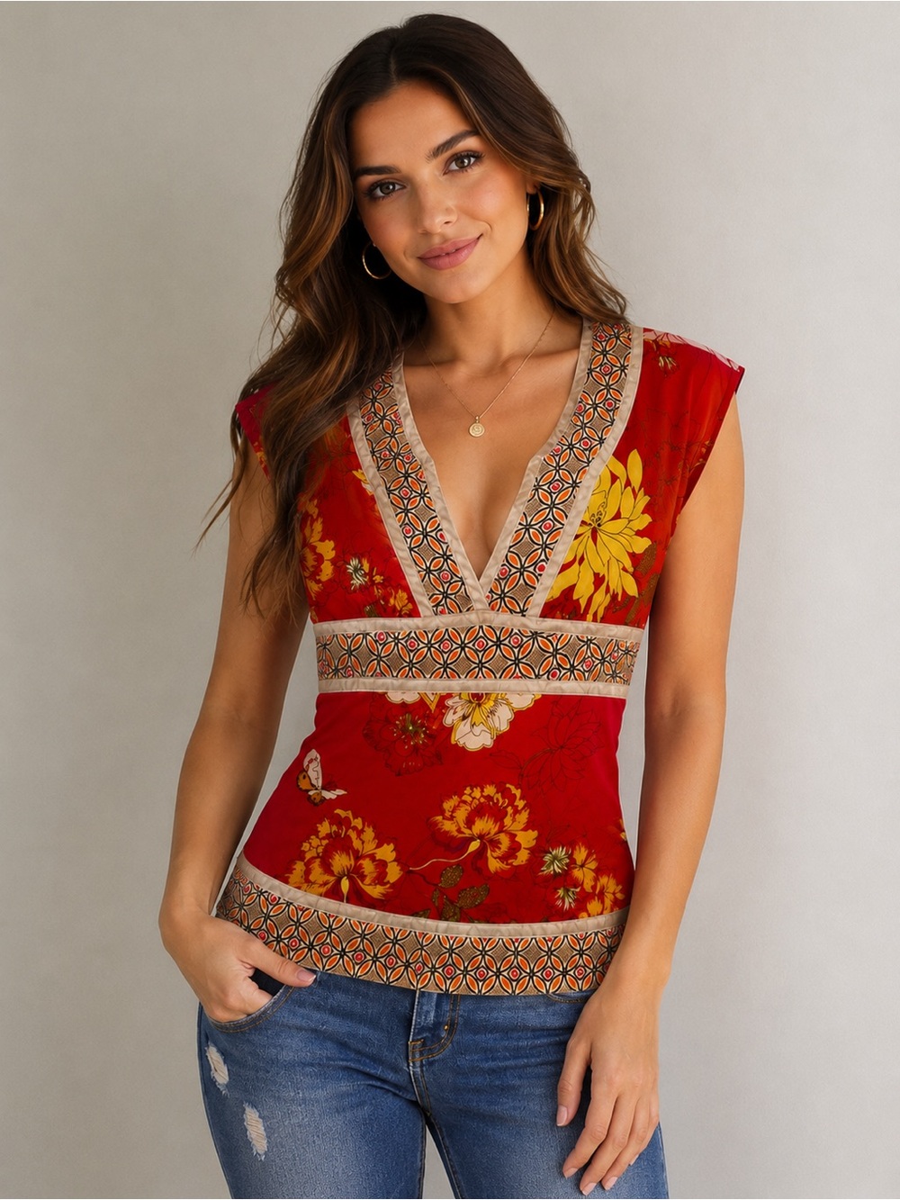 Vintage Silk Bebe Y2K Red Floral Deep V Neck Boho Babydoll Kimono Top - Size AXS